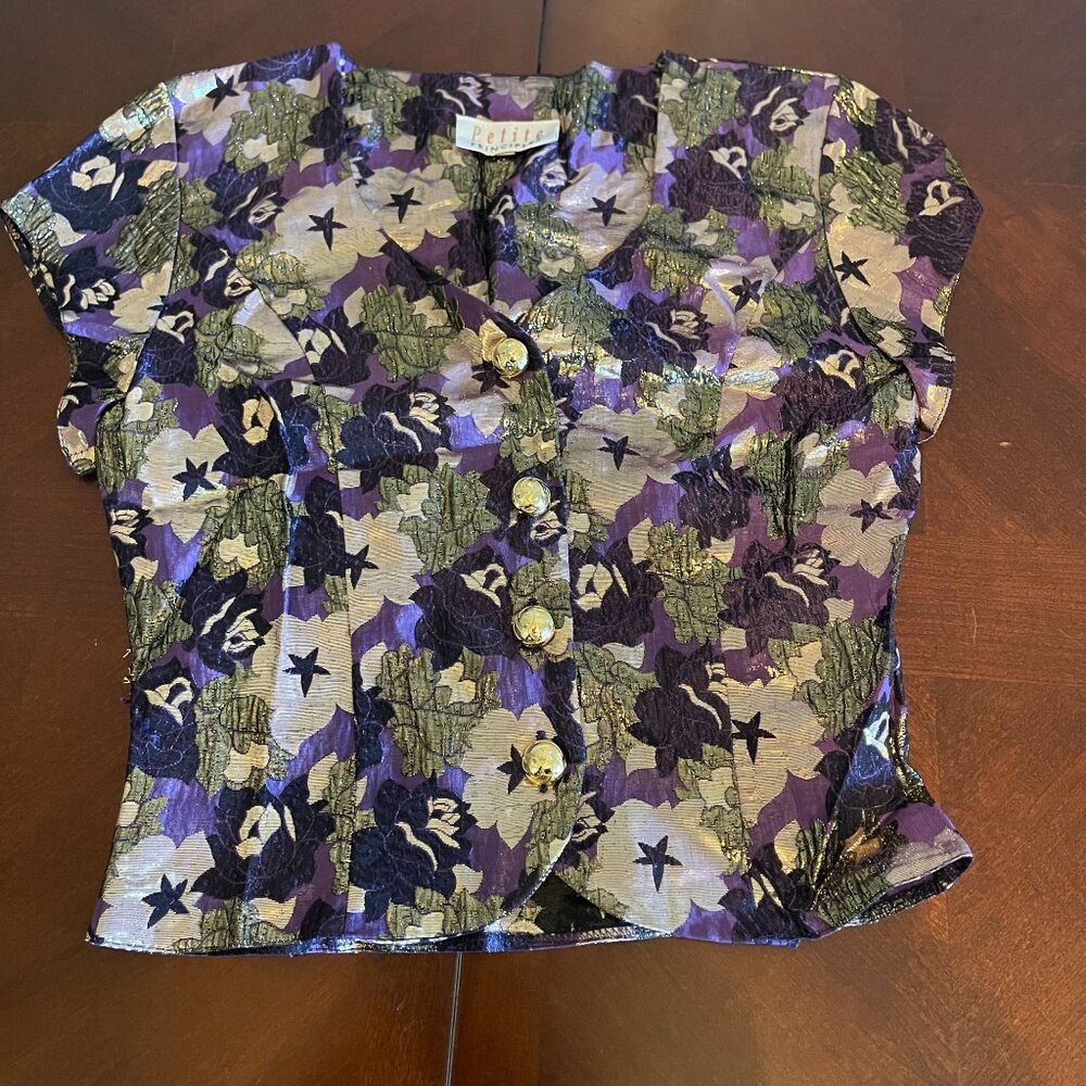 Vtg Petite Principles Floral Metallic‎ Blouse Short Sleeves Button-Up  Size S